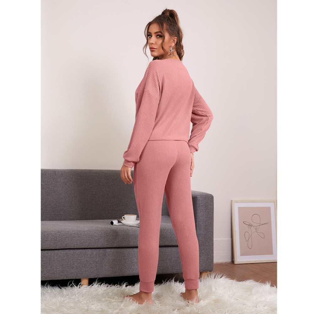 Waffle Knit Casual Pink Loungewear Top - Picture 3 of 8